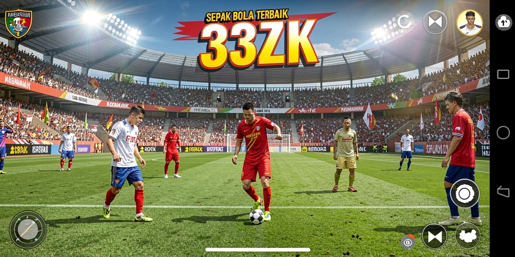 Tangkapan layar gameplay 33ZK dengan aksi sepak bola yang mendebarkan.
