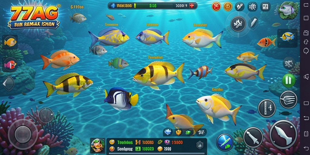 Screenshot gameplay 77AG menunjukkan aksi seru menembak ikan.