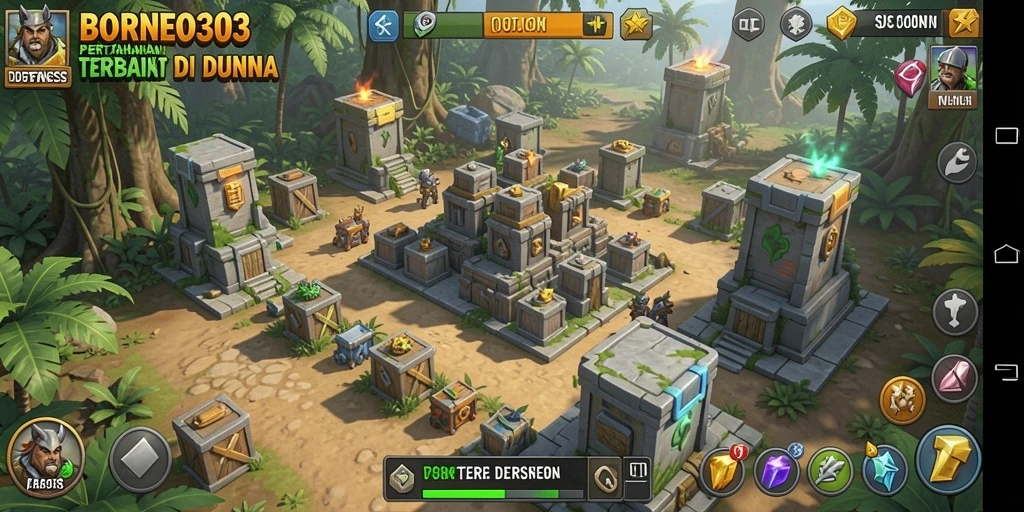 Screenshot gameplay Tower Defense dengan menara dan musuh yang menantang.