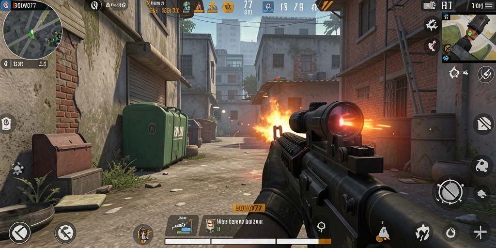 Gameplay intens BOWO77 dengan berbagai aksi tembak-menembak.