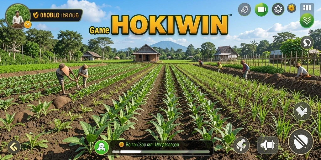 Screenshot gameplay HOKIWIN menampilkan kebun yang indah dan beragam tanaman.