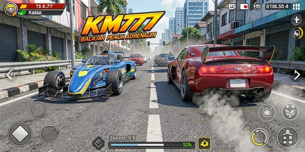 Screenshot menampilkan aksi balapan seru di KM777.