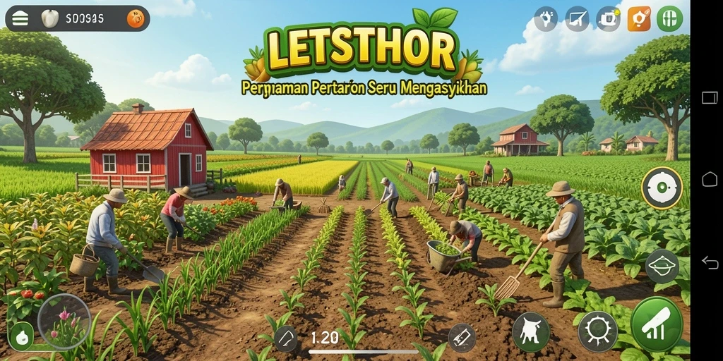 Tampilan gameplay LETSTHOR yang menampilkan aktivitas bertani.