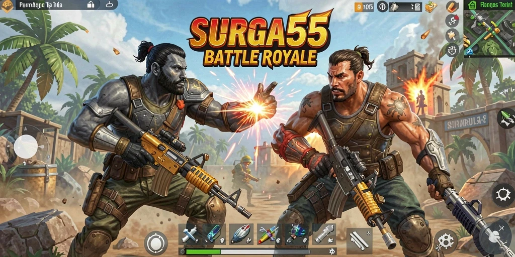 Gameplay seru SURGA55 dalam pertarungan Battle Royale.